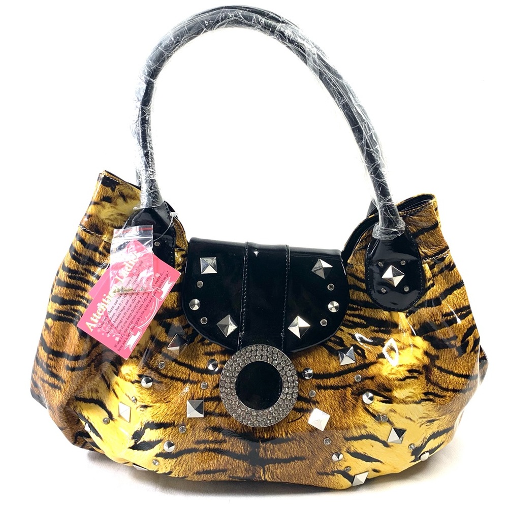 Charm and Luck 100% Genuine Leather Tiger Stripes, Embellished Handbag.